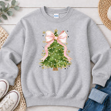 Load image into Gallery viewer, Christmas Tree Pink Bow Christmas design on Ash Grey crewneck sweatshirt
