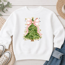 Load image into Gallery viewer, Christmas Tree Pink Bow Christmas design on White crewneck sweatshirt

