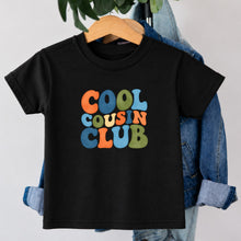 Load image into Gallery viewer, Cousin Cool Cousin Club design on black kids t-shirt
