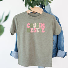 Load image into Gallery viewer, Cousin Cousin Bestie Pink design on sage kids t-shirt

