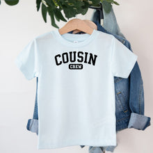 Load image into Gallery viewer, Cousin Cousin Crew Black design on light blue kids t-shirt
