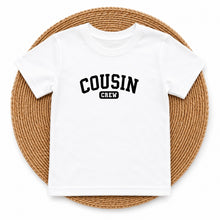 Load image into Gallery viewer, Cousin Cousin Crew Black design on white kids t-shirt
