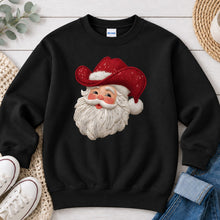 Load image into Gallery viewer, Cowboy Hat Santa Christmas design on Black crewneck sweatshirt
