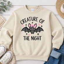 Load image into Gallery viewer, Creature Of The Night Pink Bow Bat Halloween design on Sand crewneck sweatshirt
