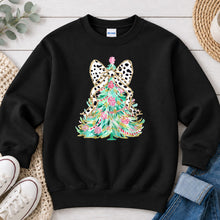 Load image into Gallery viewer, Dalmatian Bow Tree Christmas design on Black crewneck sweatshirt
