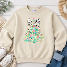 Load image into Gallery viewer, Dalmatian Bow Tree Christmas design on Sand crewneck sweatshirt
