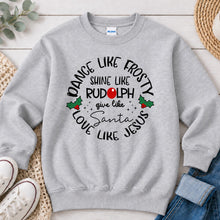 Load image into Gallery viewer, Dance Like Frosty Shine Like Rudolph Christmas design on Ash Grey crewneck sweatshirt
