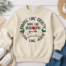 Load image into Gallery viewer, Dance Like Frosty Shine Like Rudolph Christmas design on Sand crewneck sweatshirt
