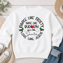 Load image into Gallery viewer, Dance Like Frosty Shine Like Rudolph Christmas design on White crewneck sweatshirt
