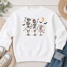 Load image into Gallery viewer, Dancing Skeletons Halloween design on White crewneck sweatshirt

