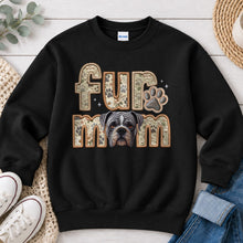 Load image into Gallery viewer, Fur Mom American Bulldog Grey dog lover design on Black crewneck sweatshirt
