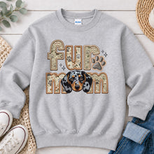Load image into Gallery viewer, Fur Mom Dachshund Dappled dog lover design on Ash Grey crewneck sweatshirt
