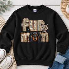 Load image into Gallery viewer, Fur Mom Dachshund Long Hair Black and Tan dog lover design on Black crewneck sweatshirt
