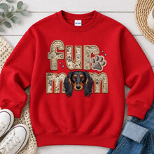 Load image into Gallery viewer, Fur Mom Dachshund Long Hair Black and Tan dog lover design on Red crewneck sweatshirt
