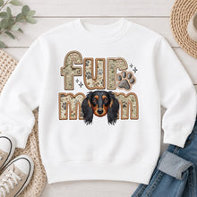 Load image into Gallery viewer, Fur Mom Dachshund Long Hair Black and Tan dog lover design on White crewneck sweatshirt
