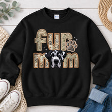 Load image into Gallery viewer, Fur Mom Great Dane Harlequin dog lover design on Black crewneck sweatshirt
