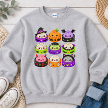 Load image into Gallery viewer, Dumpling Monsters Pattern Halloween design on Ash Grey crewneck sweatshirt
