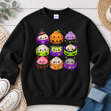 Load image into Gallery viewer, Dumpling Monsters Pattern Halloween design on Black crewneck sweatshirt
