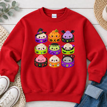 Load image into Gallery viewer, Dumpling Monsters Pattern Halloween design on Red crewneck sweatshirt
