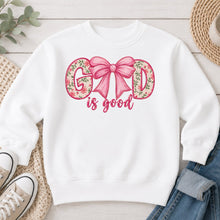Load image into Gallery viewer, Embroidered Floral God Is Good Bow Faith design on White crewneck sweatshirt
