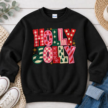 Load image into Gallery viewer, Embroidered Holly Jolly Patch Christmas design on Black crewneck sweatshirt
