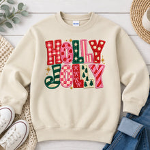 Load image into Gallery viewer, Embroidered Holly Jolly Patch Christmas design on Sand crewneck sweatshirt
