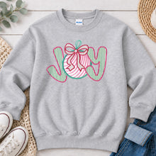 Load image into Gallery viewer, Embroidered JOY Christmas design on Ash Grey crewneck sweatshirt
