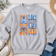 Load image into Gallery viewer, Blue Chinoiserie Pumpkins Fall design on Ash Grey crewneck sweatshirt
