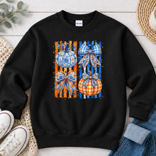 Load image into Gallery viewer, Blue Chinoiserie Pumpkins Fall design on Black crewneck sweatshirt
