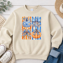 Load image into Gallery viewer, Blue Chinoiserie Pumpkins Fall design on Sand crewneck sweatshirt
