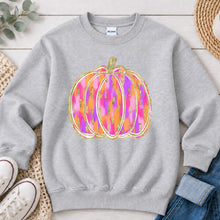 Load image into Gallery viewer, Bright Ikat Glitter Pumpkin Fall design on Ash Grey crewneck sweatshirt
