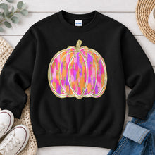 Load image into Gallery viewer, Bright Ikat Glitter Pumpkin Fall design on Black crewneck sweatshirt
