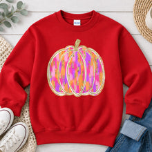 Load image into Gallery viewer, Bright Ikat Glitter Pumpkin Fall design on Red crewneck sweatshirt

