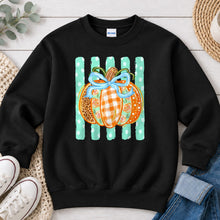 Load image into Gallery viewer, Coquette Bow Leopard Pumpkin Fall design on Black crewneck sweatshirt
