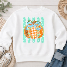 Load image into Gallery viewer, Coquette Bow Leopard Pumpkin Fall design on White crewneck sweatshirt
