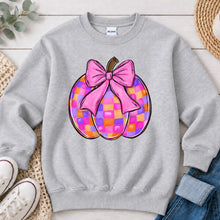 Load image into Gallery viewer, Coquette Checkered Pumpkin Pink Bow Fall design on Ash Grey crewneck sweatshirt
