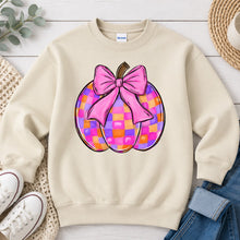 Load image into Gallery viewer, Coquette Checkered Pumpkin Pink Bow Fall design on Sand crewneck sweatshirt
