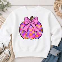 Load image into Gallery viewer, Coquette Checkered Pumpkin Pink Bow Fall design on White crewneck sweatshirt
