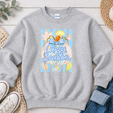 Load image into Gallery viewer, Cozy Season Blue Pumpkin Fall design on Ash Grey crewneck sweatshirt
