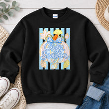 Load image into Gallery viewer, Cozy Season Blue Pumpkin Fall design on Black crewneck sweatshirt
