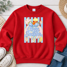 Load image into Gallery viewer, Cozy Season Blue Pumpkin Fall design on Red crewneck sweatshirt
