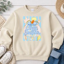 Load image into Gallery viewer, Cozy Season Blue Pumpkin Fall design on Sand crewneck sweatshirt
