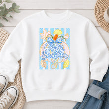 Load image into Gallery viewer, Cozy Season Blue Pumpkin Fall design on White crewneck sweatshirt
