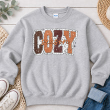 Load image into Gallery viewer, Cozy Season Brown Fall design on Ash Grey crewneck sweatshirt
