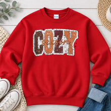 Load image into Gallery viewer, Cozy Season Brown Fall design on Red crewneck sweatshirt
