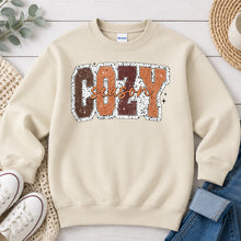 Load image into Gallery viewer, Cozy Season Brown Fall design on Sand crewneck sweatshirt
