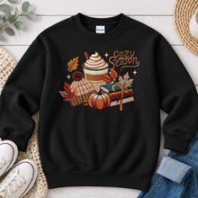 Load image into Gallery viewer, Cozy Season Latte Books Fall design on Black crewneck sweatshirt
