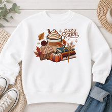 Load image into Gallery viewer, Cozy Season Latte Books Fall design on White crewneck sweatshirt
