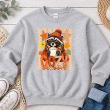 Load image into Gallery viewer, Cozy Season Raccoon Fall design on Ash Grey crewneck sweatshirt

