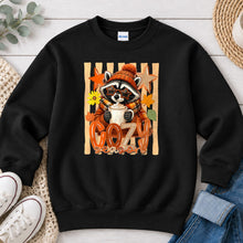 Load image into Gallery viewer, Cozy Season Raccoon Fall design on Black crewneck sweatshirt
